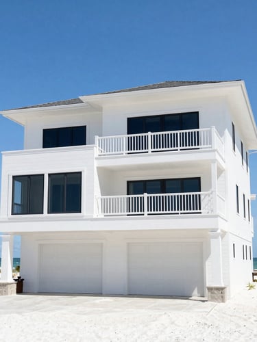 Bright architectural shot of a pristine luxury Destin beach house, high-key midday sun, ocean breeze, clean lines, wide-angle lens