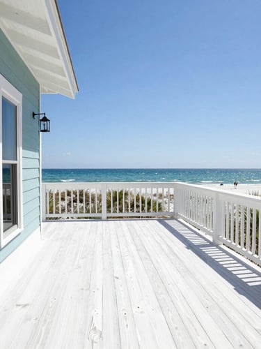 A high-end beach house deck in Santa Rosa Beach, showing pristine pressure-washed wood contrasting with the sparkling blue Gulf of Mexico in the background, bright midday sun.