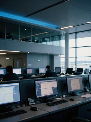 Architectural photograph of a modern airport control room with multiple monitors, cool blue lighting, high contrast, 35mm