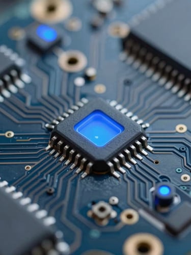 Extreme macro of a printed circuit board with glowing blue indicators, crisp architectural photography style, high contrast, 35mm
