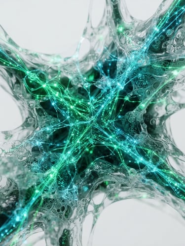Macro shot of digital-organic hybrid, glowing emerald and cyan data networks on a minimalist white background, high-tech scientific aesthetic, 8k