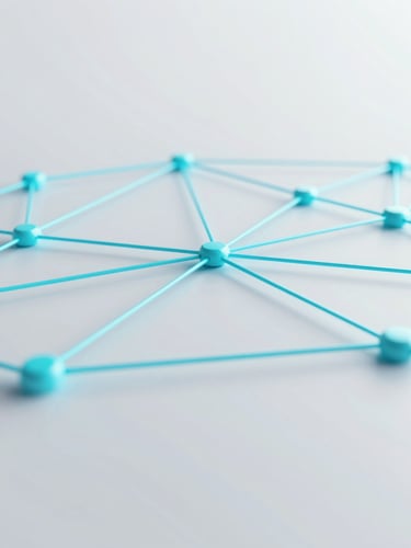 Macro shot of a digital network diagram with glowing cyan-blue connection lines, clean high-tech scientific aesthetic, minimalist light gray backdrop