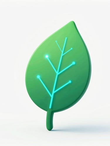 Close up of a stylized green leaf integrated with glowing cyan data lines on a clean white background, high-tech scientific aesthetic, 3d render