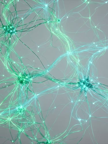 Minimalist high-tech 3D render of digital neural networks, glowing emerald and cyan data lines on a clean light gray background, scientific aesthetic