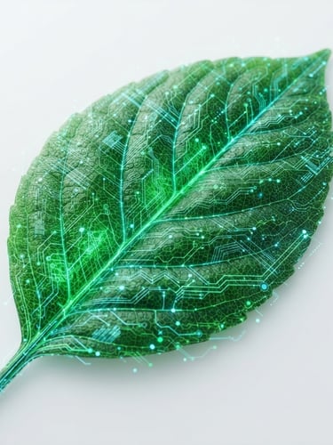 Macro shot of a digitalized green leaf integrated with glowing emerald and cyan data lines, sharp digital network vectors, clean minimalist white background, high-tech scientific aesthetic, 8k