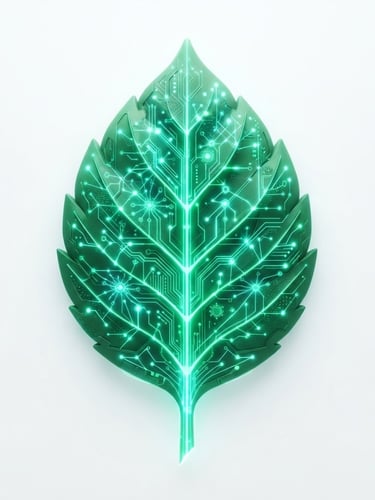 Minimalist 3D render of a stylized green leaf integrated with glowing emerald data lines, crisp digital glow, high-contrast studio light, pure white background