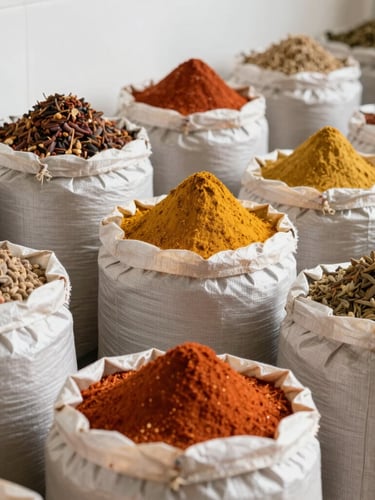 Bright editorial photography of clean warehousing setups with stacked bulk sacks of raw spices under clean natural daylight, sharp focus