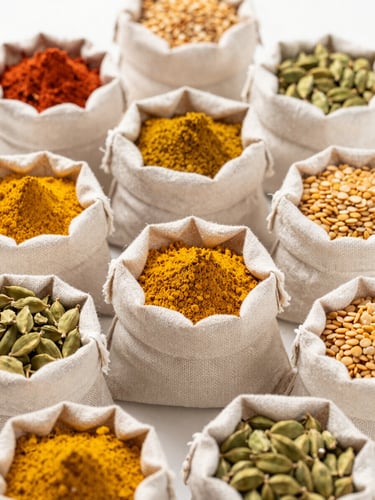 Bright editorial overhead flat-lay of sorted premium Indian spices and pulses in clean jute sacks, rich saturated turmeric gold and deep green cardamom tones, sharp focus, shallow depth of field, natural daylight