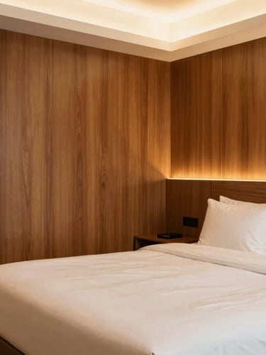 Warm editorial photography of a boutique hotel room, soft ambient amber light reflecting on rich wood paneling, crisp white linens on a king bed, clean architectural framing, 35mm.
