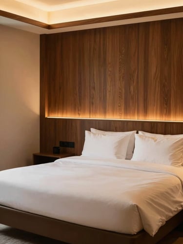 Warm editorial photography of a beautifully lit boutique hotel room with rich wood accents and crisp white linens, soft amber ambient light, 35mm