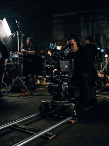 A professional cinema camera on a dolly track, low-key dramatic lighting, deep charcoal tones, crew members blurred in the background on a dark film set, 35mm anamorphic