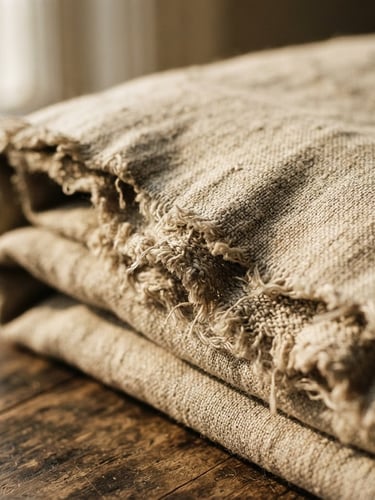 Macro close-up of folded heavy oatmeal-colored Belgian linen quilt, low-angle afternoon window light casting deep shadows on the raw selvedge.