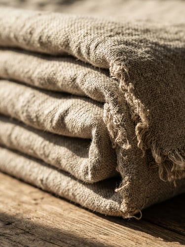 Extreme close-up of folded raw Belgian linen quilts, showing heavy-weave texture and raw selvedge edges under warm afternoon window light casting long shadows