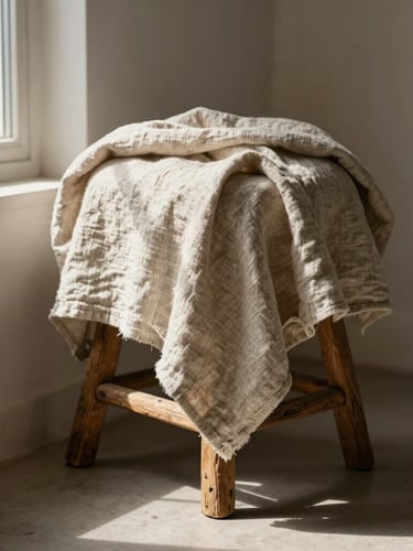 A raw linen blanket draped naturally over a simple weathered oak stool in a quiet room corner, warm afternoon window light casting long shadows across the texture.