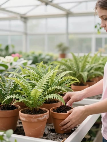 Bright editorial portrait of sunlit modern greenhouse interior, rows of terracotta pots with lush green ferns, hands potting delicate soil under soft morning light, 35mm lens.