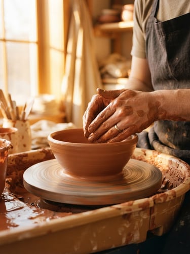 Close-up of hands shaping a terracotta clay bowl on a spinning potter wheel, warm golden-hour light streaming through a window, clay splatters, cinematic 35mm film.