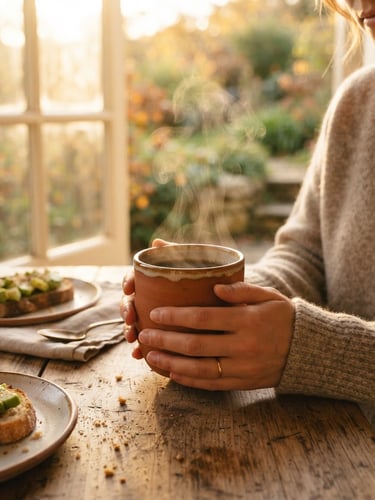 A cozy breakfast setting with steam rising from a warm terracotta mug, soft golden hour sunlight streaming through a window, shallow depth of field, 35mm film.