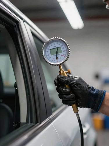 Extreme close-up of a paint depth gauge pressing against a car door panel edge, digital readout visible, inspector's gloved hand steady, bright overhead shop light, sharp and evidentiary