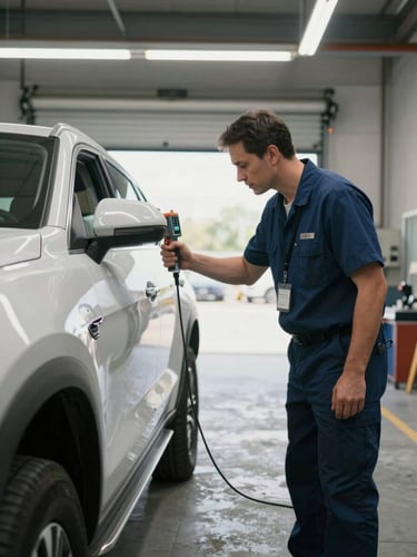 Wide shot inside a bright inspection bay, an inspector leaning over a vehicle's front quarter panel with a paint thickness meter pressed to the surface, overhead shop lights casting sharp even illumination, concrete floor visible below, open bay door in background