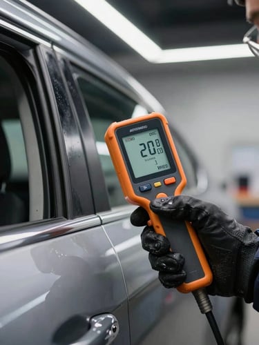 Extreme close-up of a paint thickness meter pressed against a car door panel edge, inspector's gloved hand steadying the device, bright overhead shop lighting, sharp clinical focus on the digital readout and the painted metal surface