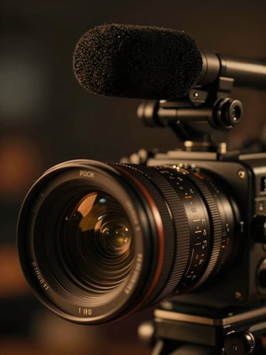 Close-up shot of a high-end cinema camera lens and a premium microphone, amber lighting, shallow depth of field, dark moody background with subtle bokeh, cinematic film photography style.