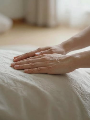Hands gently hovering over a person's shoulder during a Reiki session, soft focus, natural light, muted sage and ivory tones, shallow depth of field, 35mm. The setting is a serene, uncluttered room.