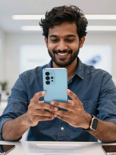 Smiling Indian customer unboxing a new smartphone in a brightly lit modern showroom, hands holding the device, clean reflections, vibrant colors, sharp focus, professional studio lighting, 50mm lens, portrait aspect