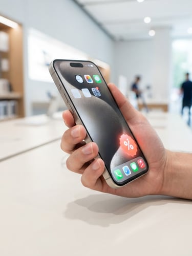 High-resolution product render of the latest flagship smartphone (e.g., iPhone 15 Pro Max or Samsung Galaxy S24 Ultra) held in a hand, screen glowing, on a clean, modern retail counter under bright studio lighting, coral orange discount badge on the screen, focused on premium materials like glass and titanium.