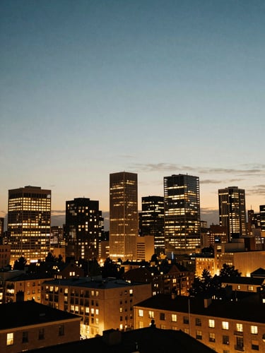 Wide environmental cityscape at dusk, twilight blue sky meeting a soft golden horizon, warm glowing windows of city buildings, 35mm warm editorial photography.