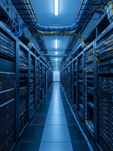 Wide panoramic shot of a modern, clean data center aisle with rows of server racks, cool blue LED lighting, sharp focus on structured cabling, no people, technical and precise.