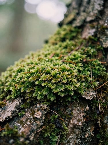 Macro detail of soft green moss and textured tree bark in a quiet forest, dappled sunlight filtering through leaves, shallow depth of field, 35mm film