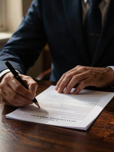 A close-up of hands signing official binational papers on a dark mahogany desk, soft golden window light, high contrast, 35mm
