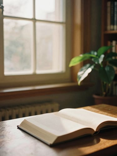 A warm, natural golden-hour window light illuminating a quiet library table with open books and a green plant, 35mm film look