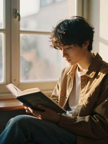Warm editorial photograph of a student reading near a large window, natural golden-hour light illuminating the room, rich organic tones, shallow depth of field, 35mm film look