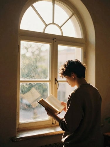 A student reading a heavy book by a tall arched window, warm natural golden hour light, rich organic tones, shallow depth of field, 35mm film look.