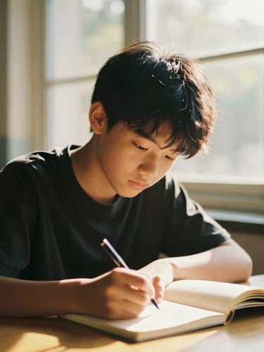 A portrait of a young student focused on writing in a notebook, warm golden hour light pouring through a window, shallow depth of field, 35mm film look.