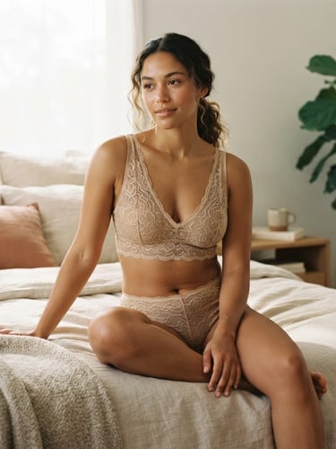Modelo de silueta diversa, en pose natural y relajada, vistiendo lingerie de encaje premium color arena, luz natural suave de mañana, sombras sutiles, enfoque en la textura del encaje y el ajuste ergonómico, fondo interior minimalista.
