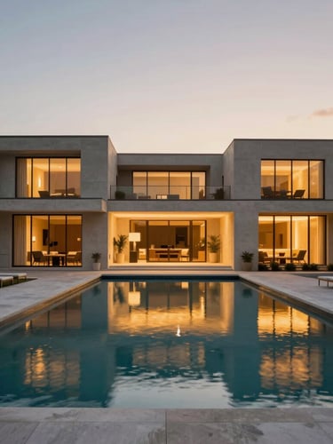 Wide-angle architectural symmetry of a modern waterfront estate in Brickell at twilight, clean lines, warm golden pool light reflecting on concrete, 35mm lens.