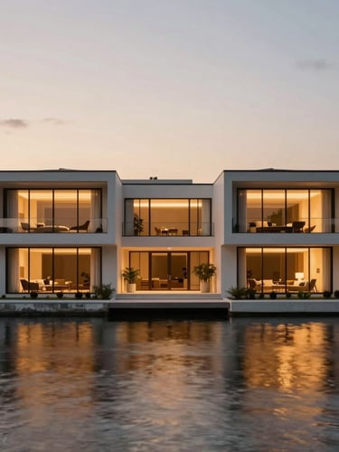 Symmetrical architectural wide shot of a modernist waterfront estate in Brickell at twilight, clean lines, warm interior glow, calm water reflections.