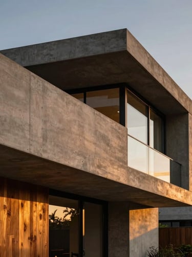 Abstract architectural detail of a modern concrete and teak estate in Brickell at dusk, dramatic twilight lighting, rich warm tones, 35mm lens.