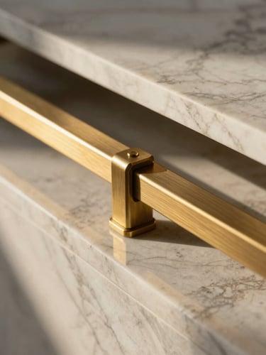 Tight abstract detail shot of premium building materials, polished white marble meets brushed brass fixtures, dramatic low sun casting sharp geometric shadows.