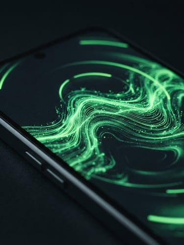 Macro close-up of a high-end Android smartphone displaying a custom, frame-rate fluid UI animation, dark mode, crisp neon green accents, low-key studio lighting, angled perspective, emphasizing tactile screen texture.