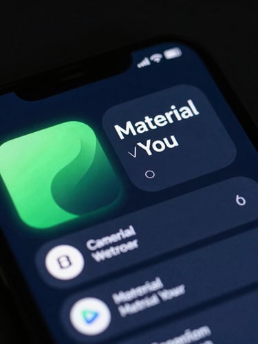 Macro shot of an Android device screen displaying a custom Material You UI component with crisp, fluid animations, deep slate background, neon green accent glow, sleek tech photography, low-key dark studio lighting, macro lens, sharp focus, 35mm.