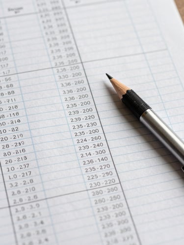 Overhead close-up of a ruled ledger sheet covered in precise handwritten financial figures and annotated column headers, a mechanical pencil resting beside a column of totals, flat studio lighting, no shadows, crisp detail