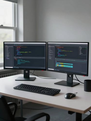Wide studio desk with two monitors showing code editor and debug output side by side, natural daylight from window left, direct frontal framing, no clutter styled