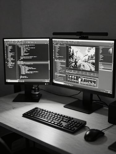 Wide desk-and-monitor setup seen from front-left, two screens showing code and a game engine viewport, tungsten lamp casting hard shadows on keyboard, no people visible, high contrast black and white documentary tone
