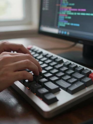 Close-up of hands on a mechanical keyboard, monitor glow visible in background showing lines of code, natural window light from the left, sharp focus on keycaps, no faces visible