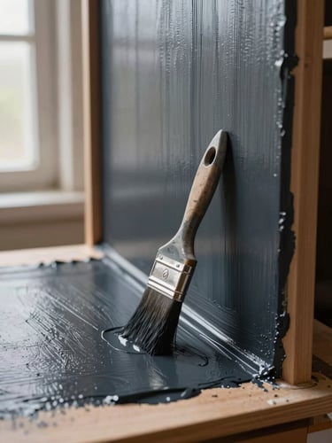 Close-up of a painter's brush applying a smooth coat of deep charcoal paint to wooden cabinet doors on a workbench, natural window light from the left, paint texture crisp and even, no faces, no staged props