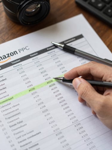Close-up overhead shot of a printed Amazon PPC forecast spreadsheet on a desk, a hand pointing at a highlighted row of ACOS figures, mechanical pencil resting beside it, even office light