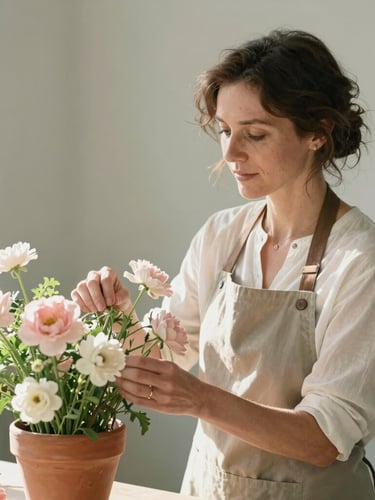 Warm editorial portrait of Galéann, a professional female florist in her early 40s, gently arranging delicate pale pink and white seasonal flowers in a rustic terracotta pot, soft morning daylight filtering through foliage, muted sage and alabaster background, shallow depth of field, 35mm